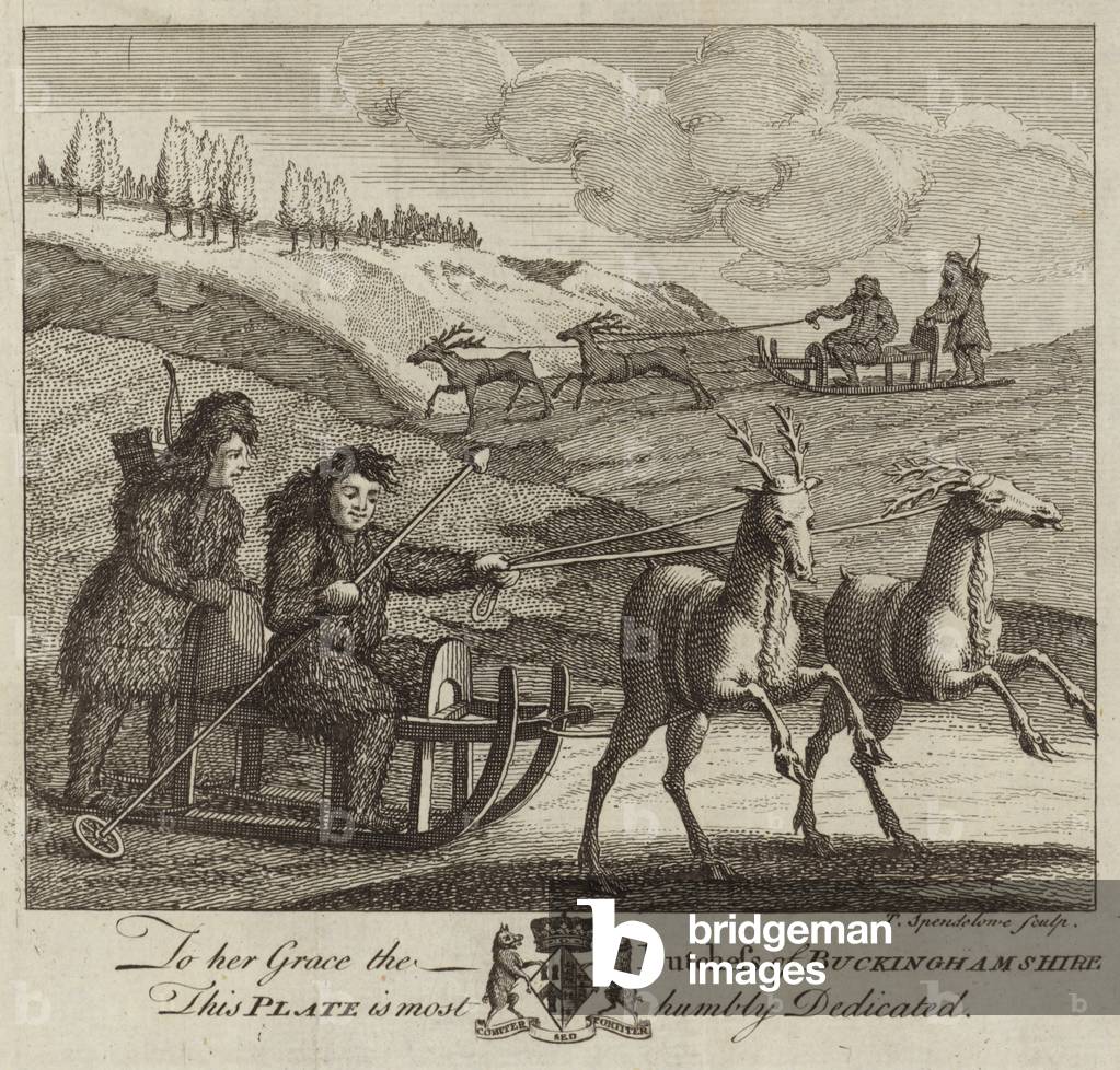 Four eskimo figures driving two reindeer-driven sledges (engraving)