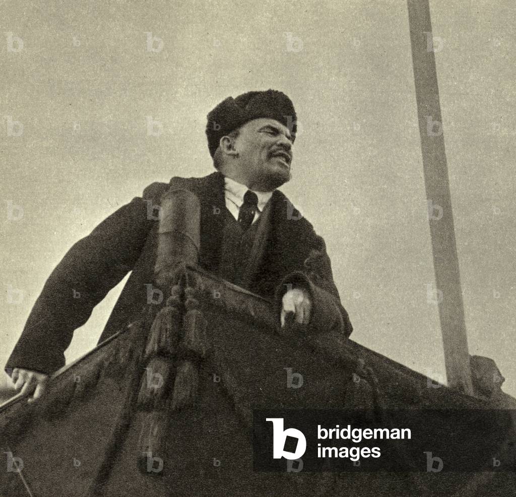 Lenin speaks in Red Square on the day of the first anniversary of the Great October Socialist Revolution, Moscow, 7 November 1918 (b/w photo)