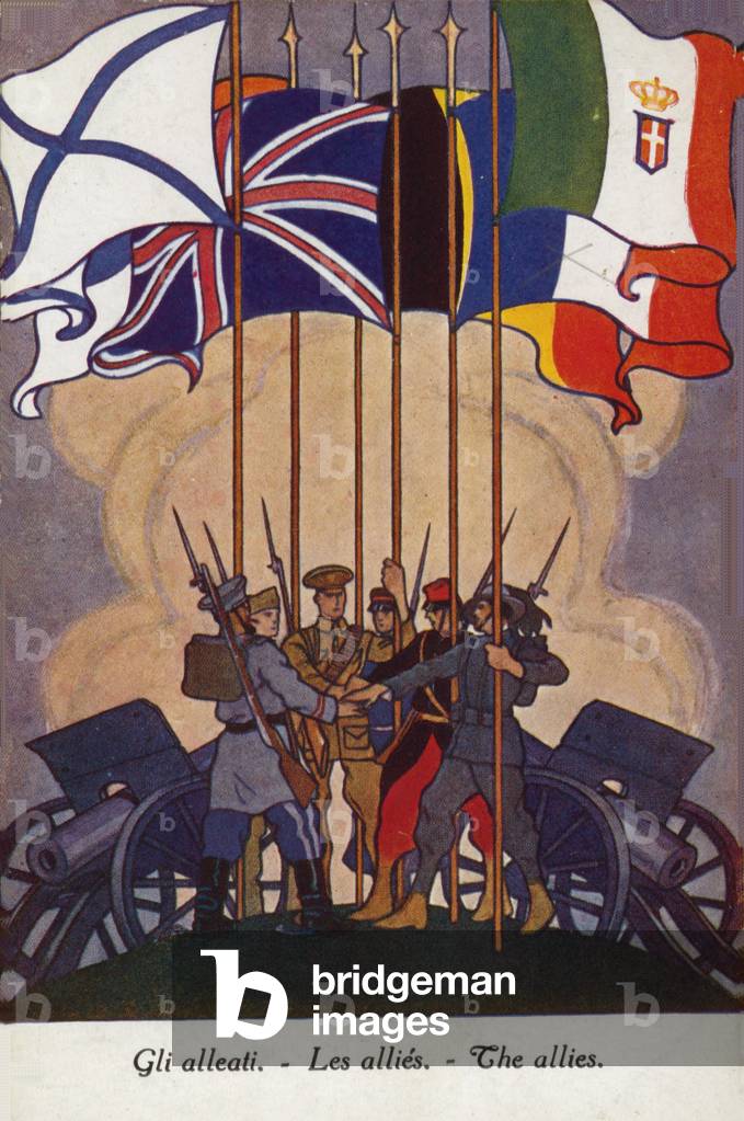 Allied soldiers raising flags and shaking hands (colour litho)