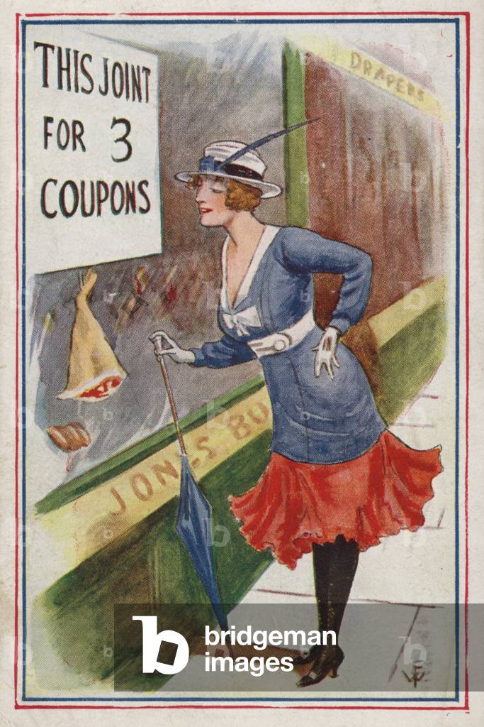 Woman looking at rationed meat in a butcher's shop window (colour litho)