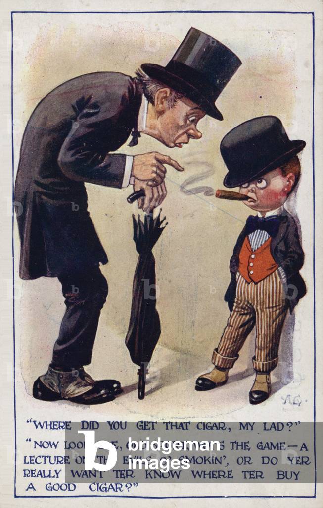 Boy interrogated about smoking (colour litho)