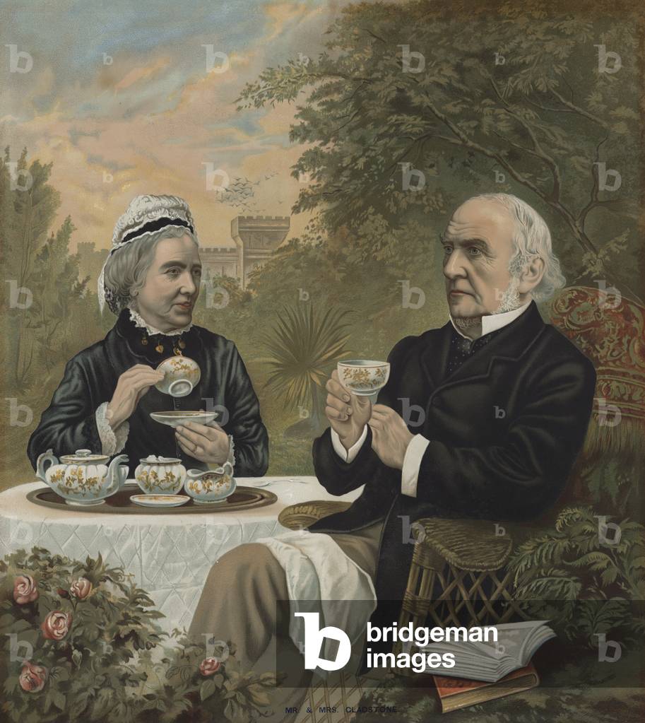 William Ewart Gladstone, British Liberal politician and Prime Minister, taking tea with his wife Harriet, 1891 (colour litho)