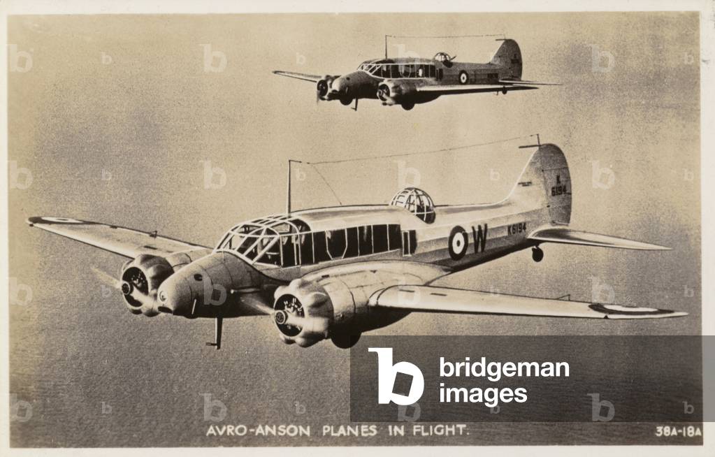 British Avro Anson aircraft in flight (b/w photo)