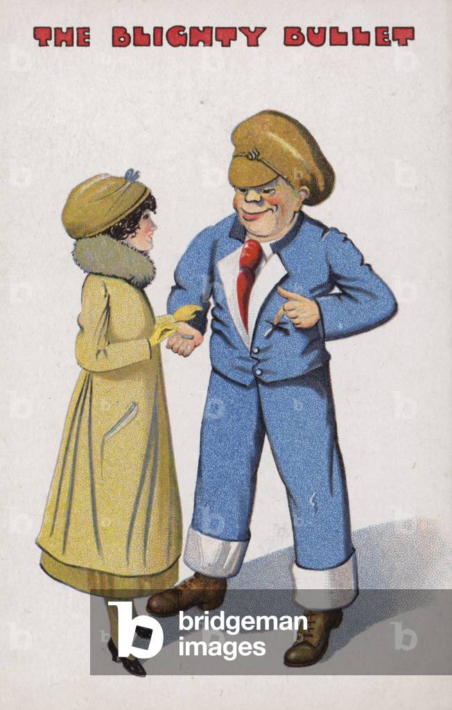 Woman with sailor pointing to war wound (colour litho)