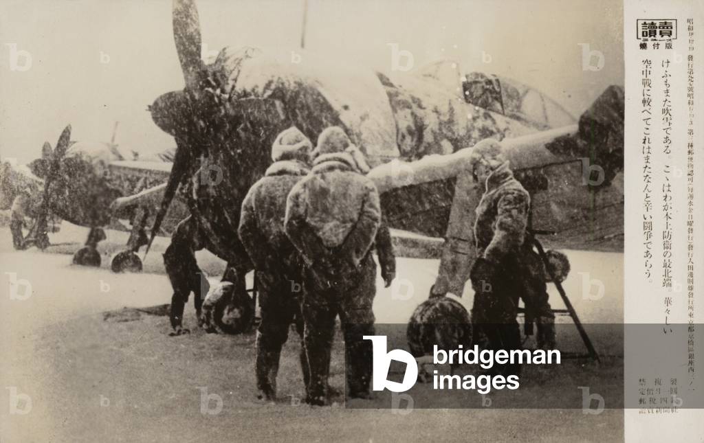 Aviators on an airfield in a snowstorm, World War II (b/w photo)