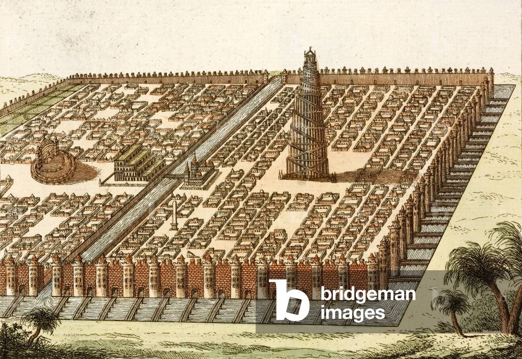 Tower of Babel, Royal Palace and Hanging Gardens of Bablyon (coloured engraving)