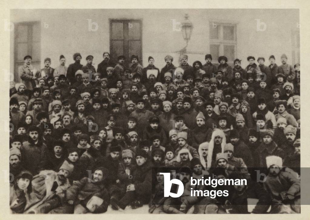 Soviet leader Vladimir Lenin with a group of delegates at the Second Russian congress of Miners, the Kremlin, Moscow, 23-24 January 1921 (b/w photo)