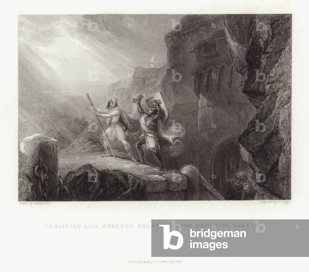 Christian and Hopeful escaping from Doubtful Castle (engraving)