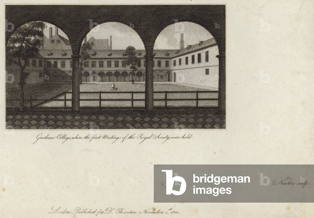 Gresham College, where the first meetings of the Royal Society were held (engraving)