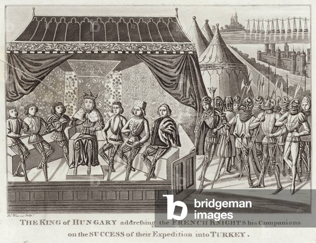 The King of Hungary addressing the French Knights his Companions on the Success of their Expedition into Turkey (engraving)