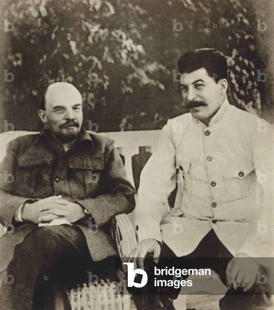 Bolshevik leaders Vladimir Lenin and Joseph Stalin in Gorki, after Lenins retirement due to ill health, 1922 (b/w photo)