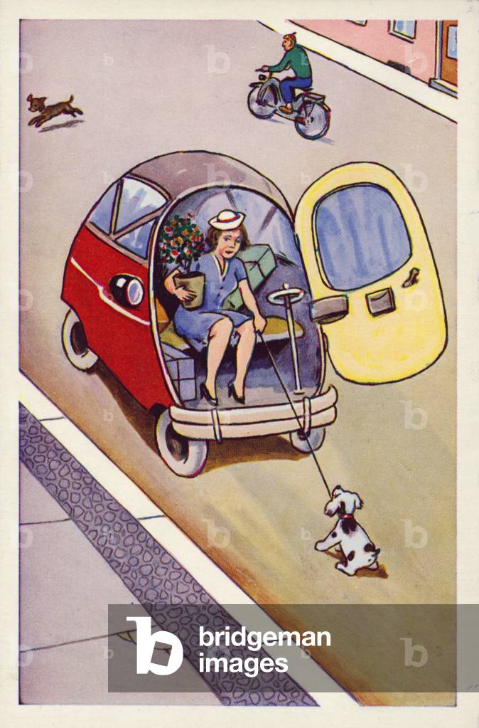 Woman in a bubble car (colour litho)