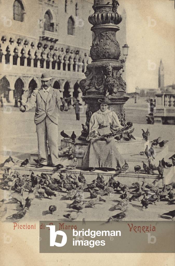 Postcard depicting a man and woman feeding pigeons in Piazza San Marco (b/w photo)