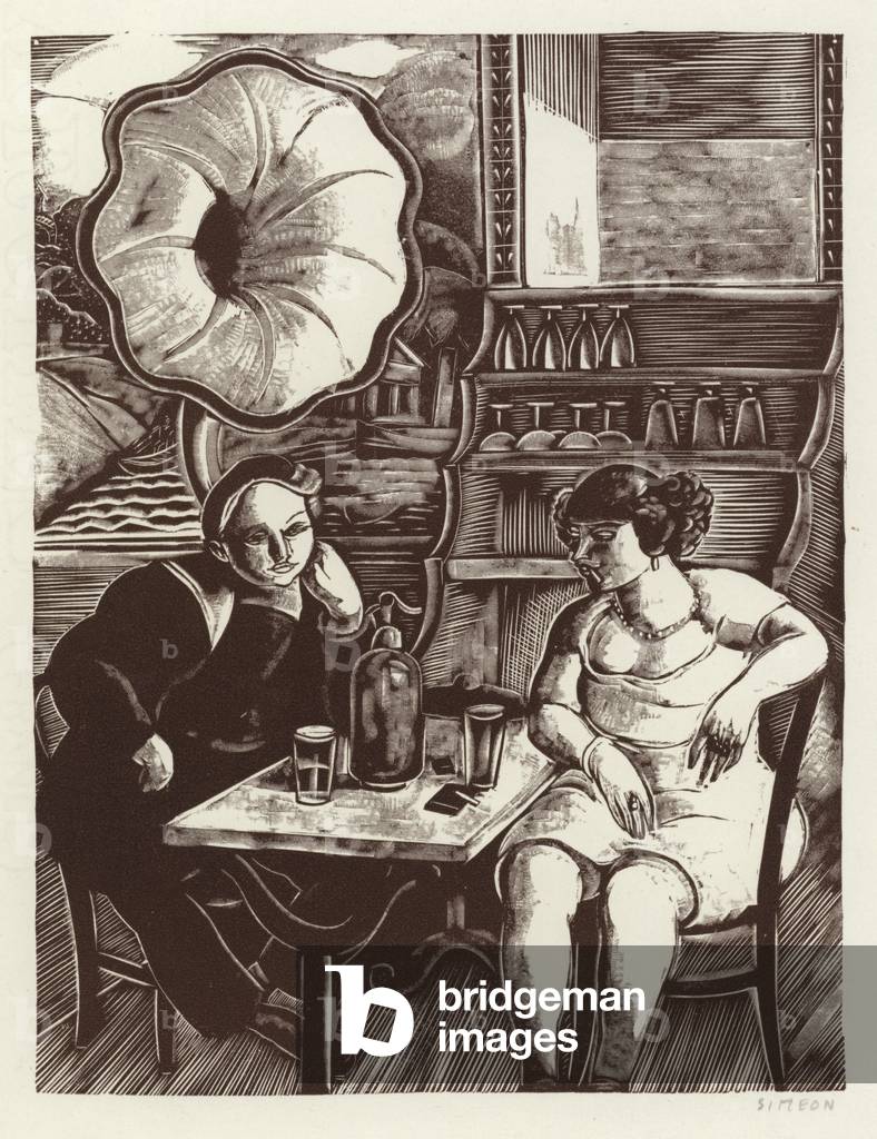 Woodcut illustration of a sailor and a woman in a bar listening to a photograph (litho)