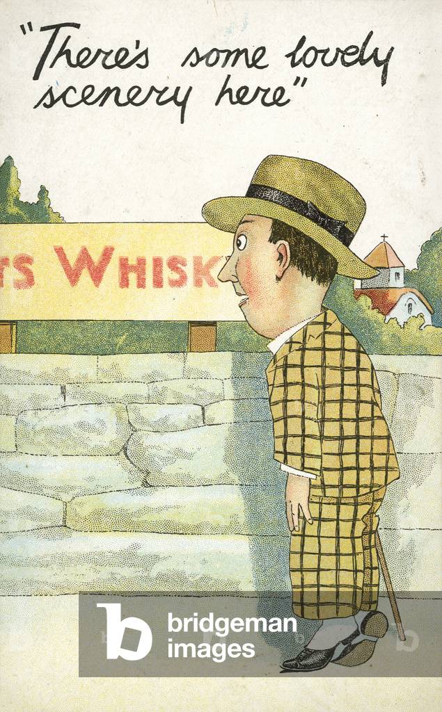 Man looking toward whisky distillery (colour litho)