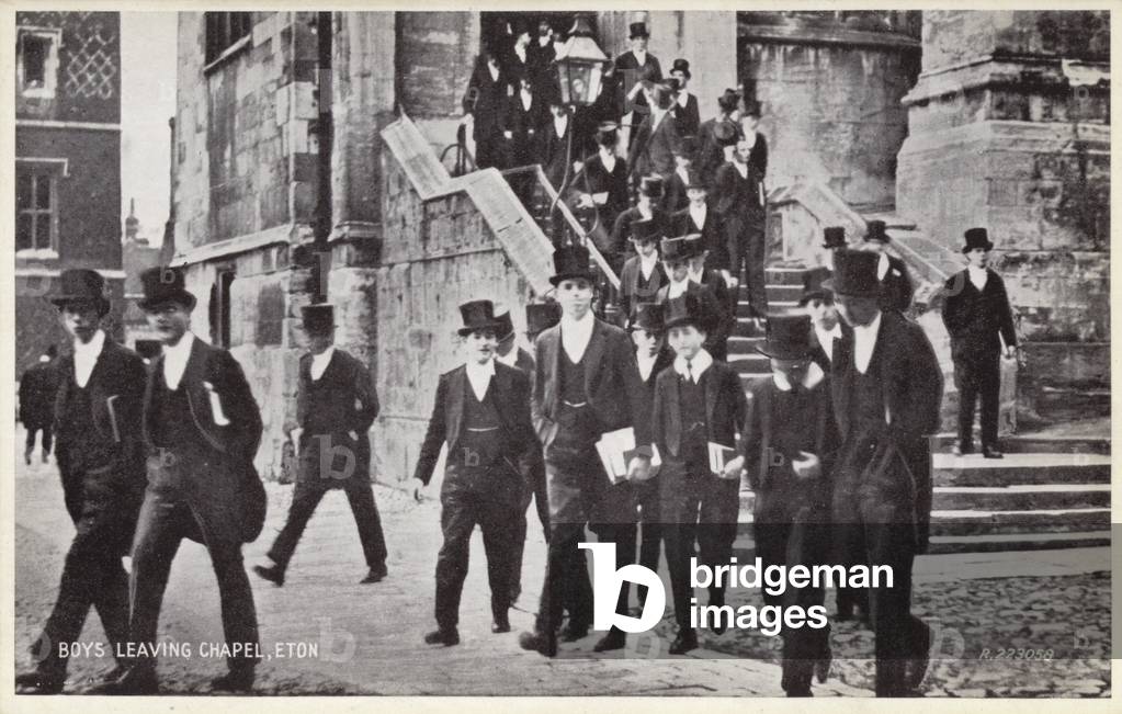 Boys leaving chapel, Eton College, Berkshire (b/w photo)