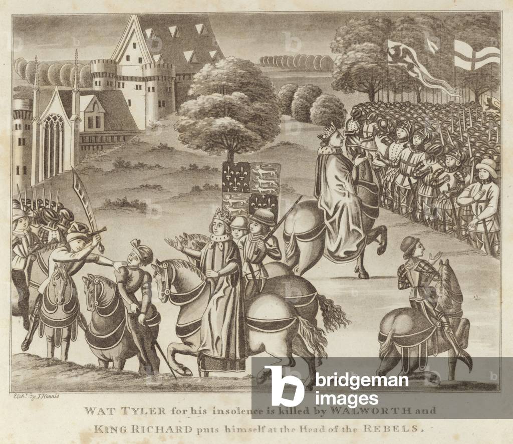 Wat Tyler for his insolence is killed by Walworth and King Richard puts himself at the Head of the Rebels (engraving)