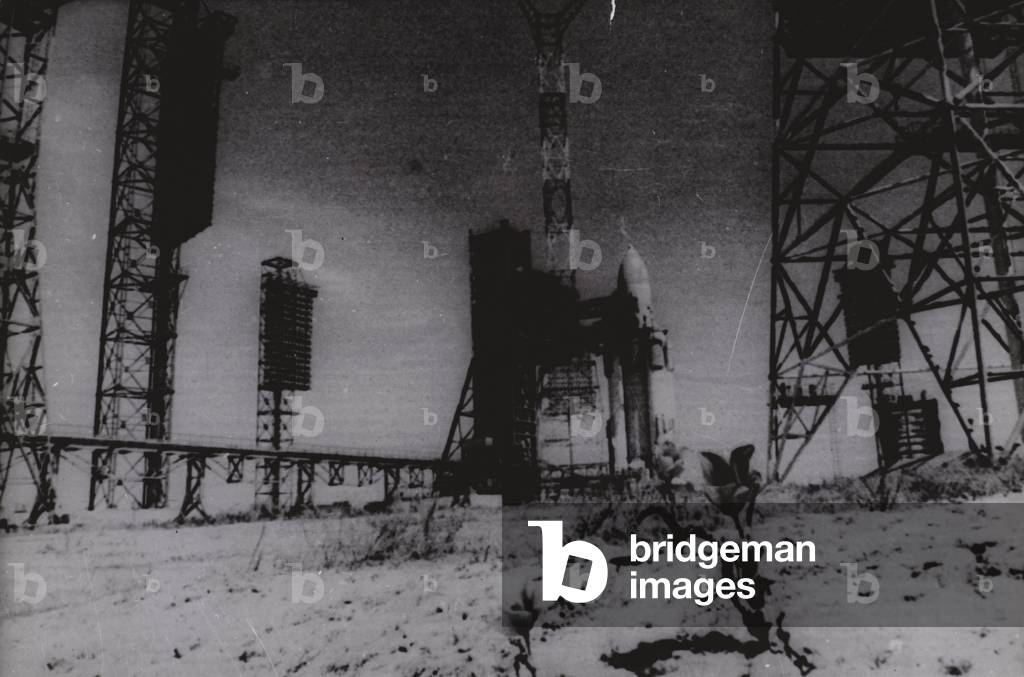 Soviet Energia rocket at the Baikonur Cosmodrome (b/w photo)