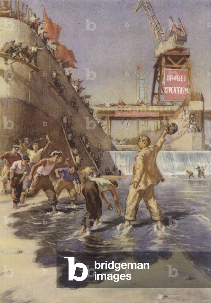 First Water. Soviet propaganda image showing workers celebrating the opening of a newly built dam, 1950s (colour litho)
