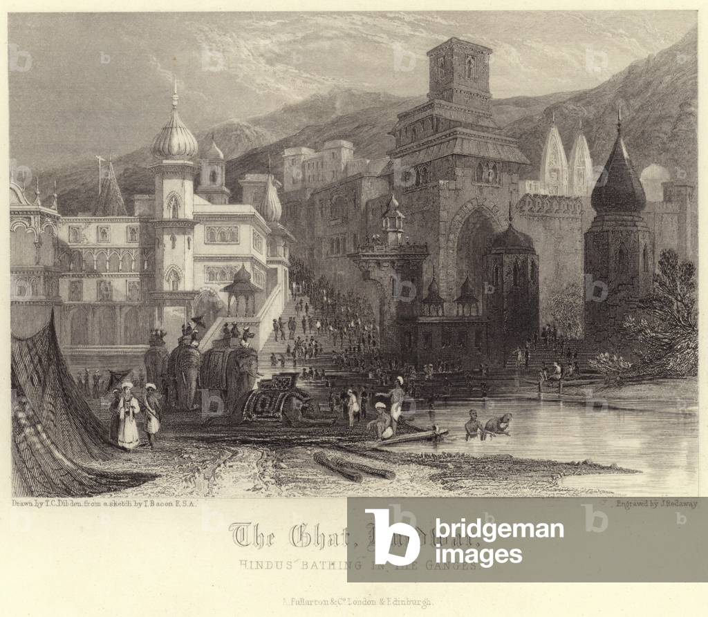 The Ghat in Hurdwar with hindus bathing in the Ganges (engraving)