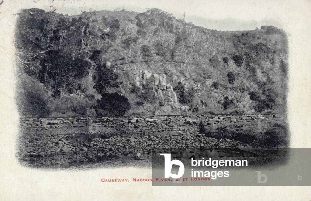 Postcard depicting a causeway on the Naboon River (b/w photo)