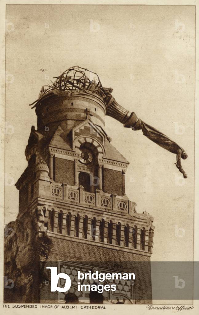 The suspended statue of Albert Cathedral, France, World War I (b/w photo)
