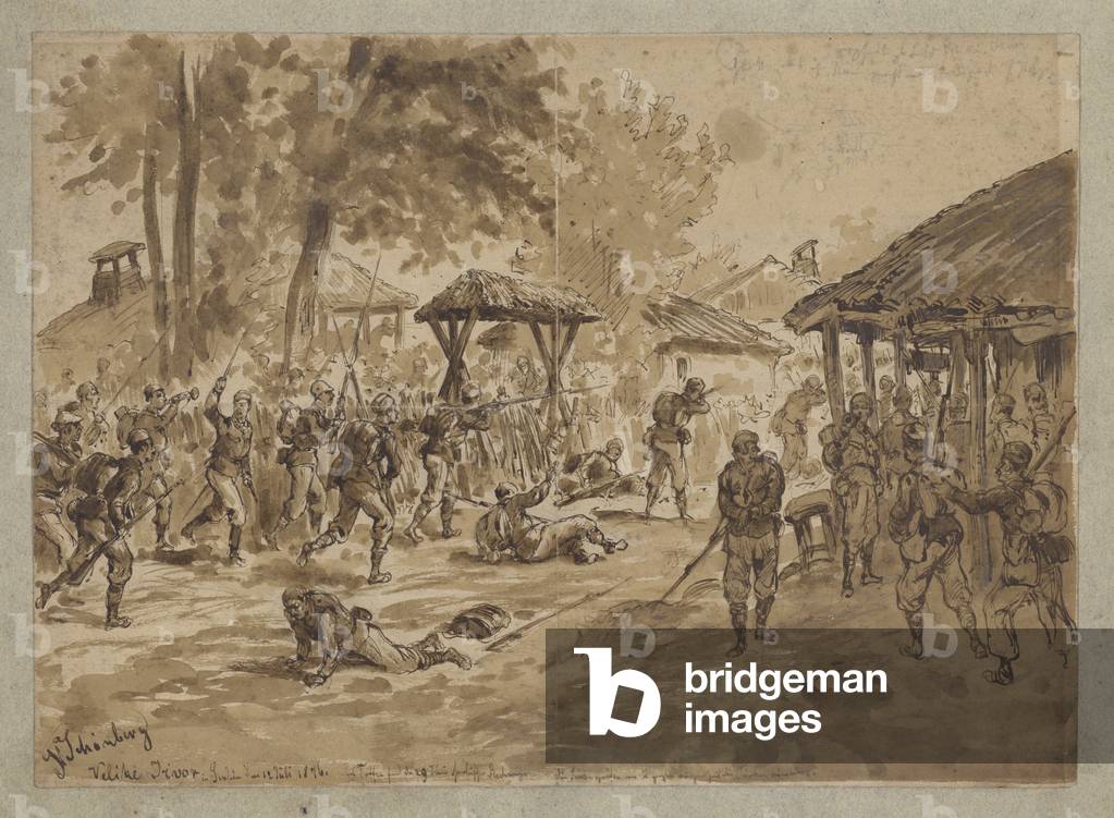 Fighting near the River Tivok, Serbia, Serbian-Ottoman War, 12 July 1876 (drawing)