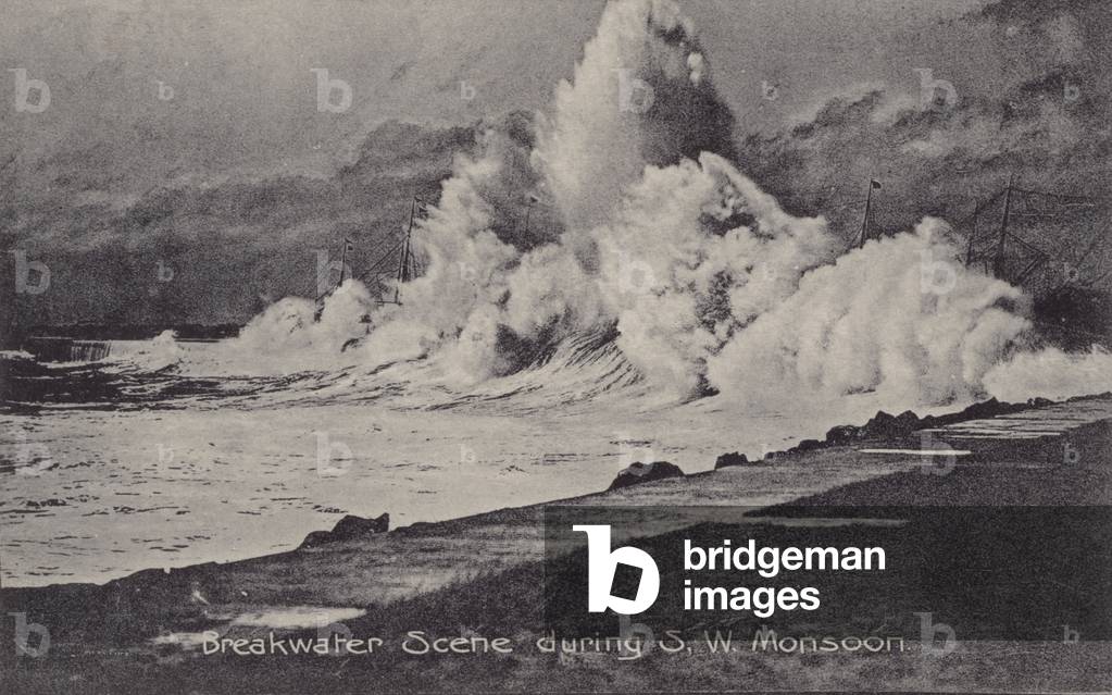 Breakwater Scene during S. W. Monsoon (b/w photo)