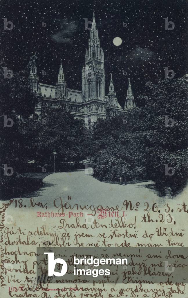 Postcard depicting a general view of the town hall and park in Vienna (b/w photo)