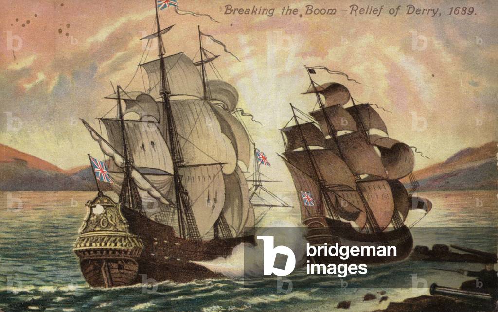 Breaking the Boom - Relief of Derry, 1689 (colour litho)