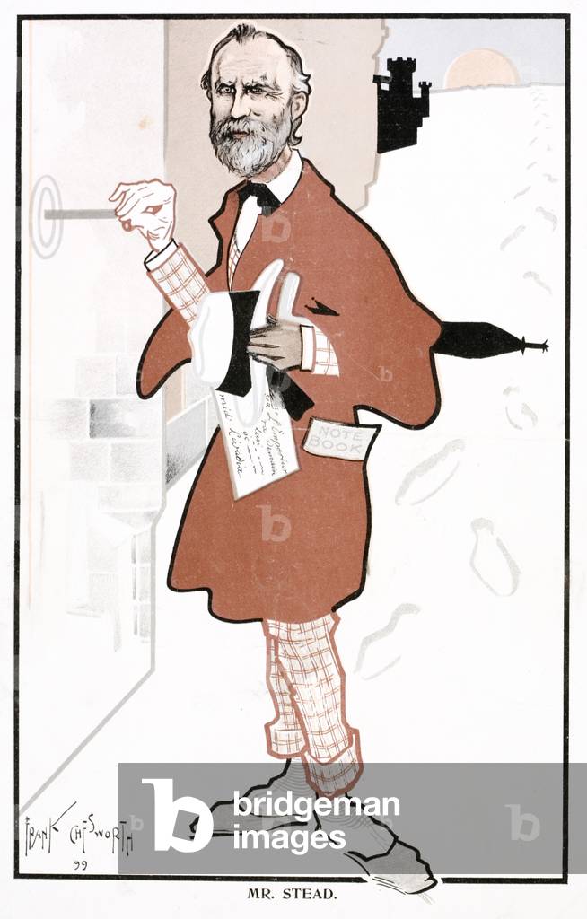 W T Stead, British newspaper editor and pioneer of investigative journalism killed in the sinking of the Titanic, 1899 (colour litho)