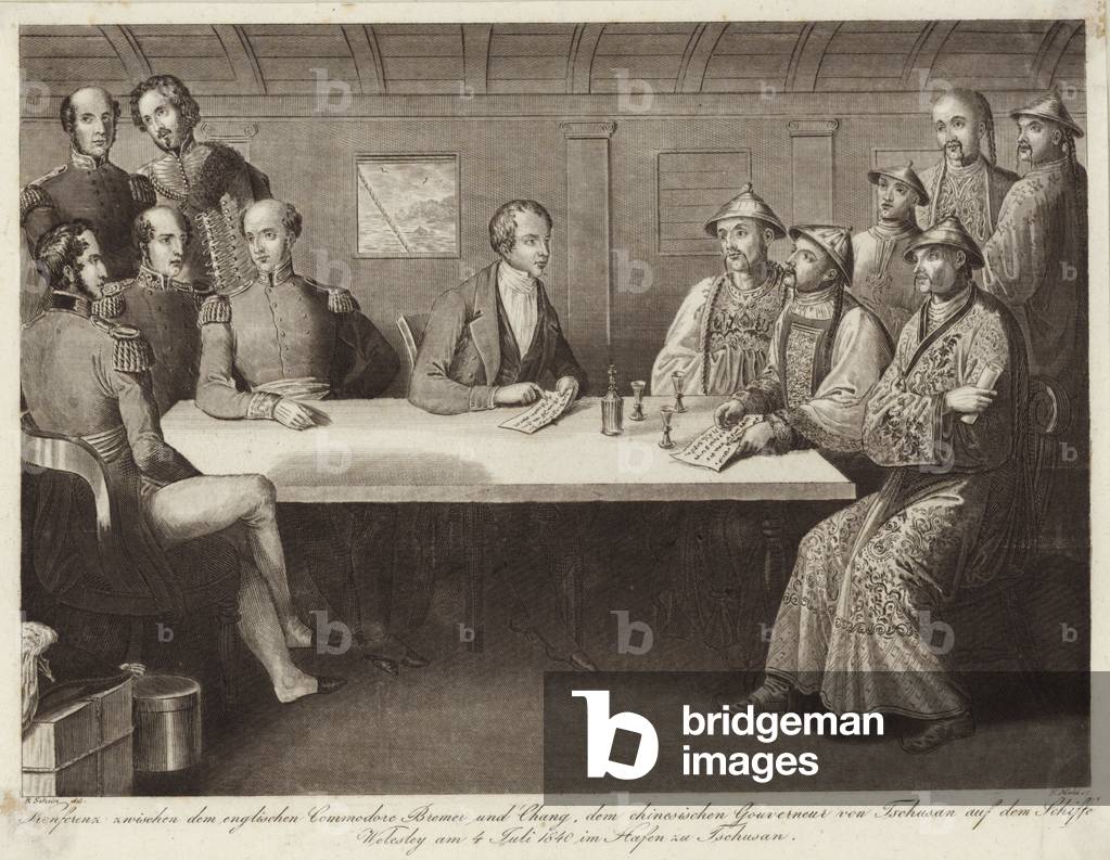Conference at Chusan between Commodore Bremer and a Chinese official on HMS Wellesley 4 July 1841 (engraving)