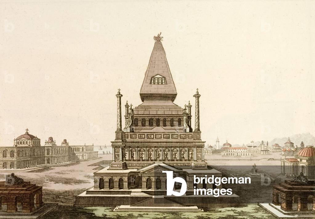 Mausoleum at Halicarnassus, tomb of the Persian satrap Mausolus, one of the Seven Wonders of the Ancient World (coloured engraving)