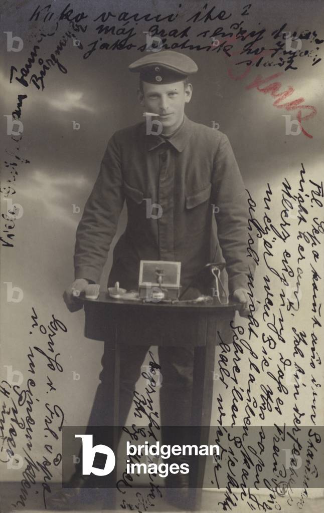 Austro-Hungarian soldier with a grooming kit, c1910s (b/w photo)
