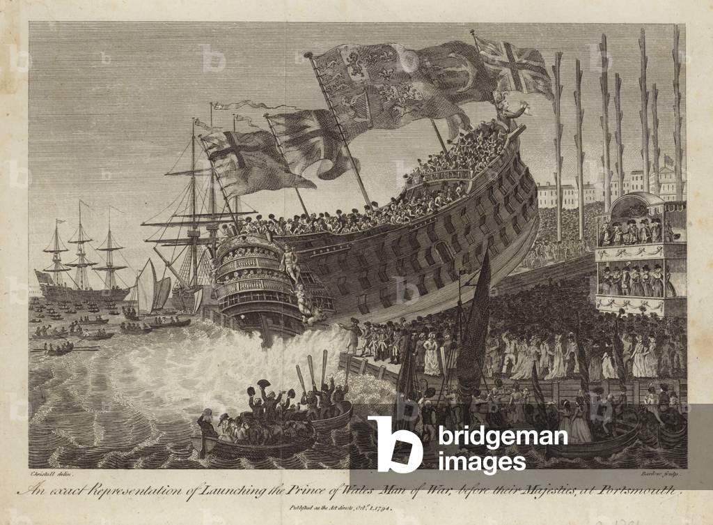 Launching of the Prince of Wales, Man of War, before their Majesties at Portsmouth (engraving)