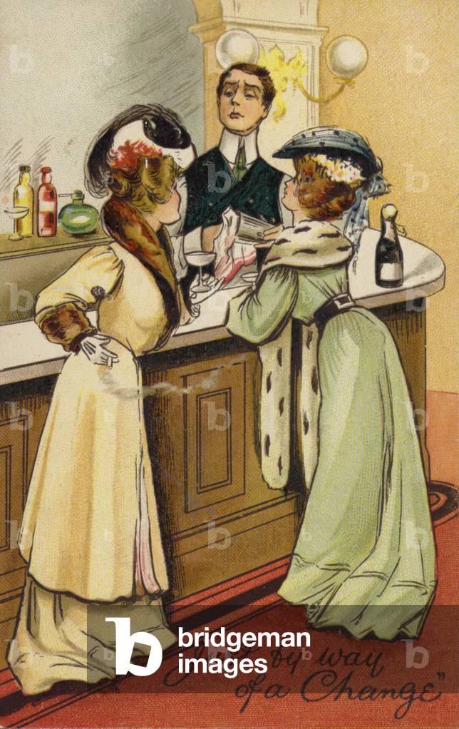 Two women asking for a drink in a bar (colour litho)