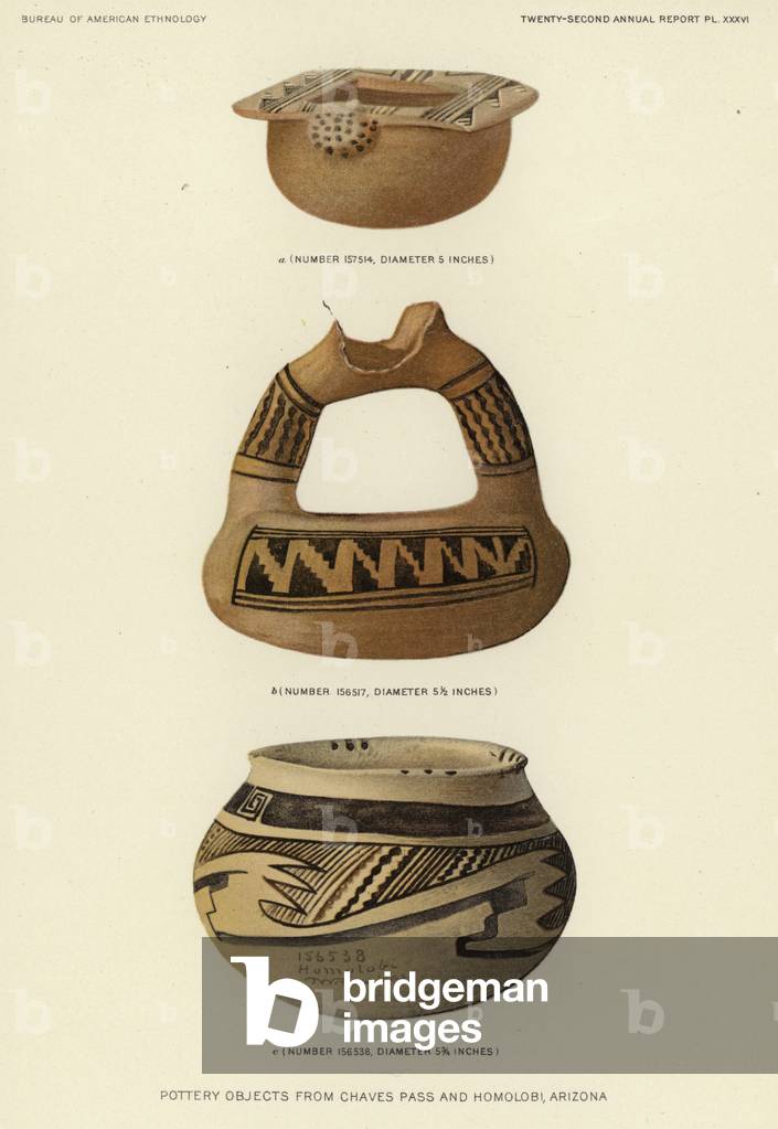 Pottery objects from Chaves Pass and Homolobi, Arizona (colour litho)