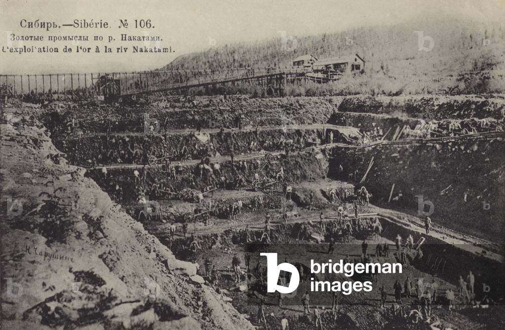 Gold mining on the Nakatami River, Siberia, Russia, c1900 (b/w photo)
