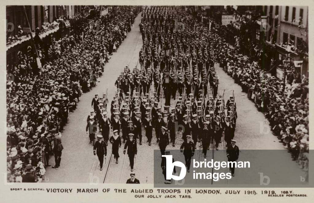 Royal Navy sailors taking part in the victory march of the Allied troops in London, 19 July, 1919 (b/w photo)