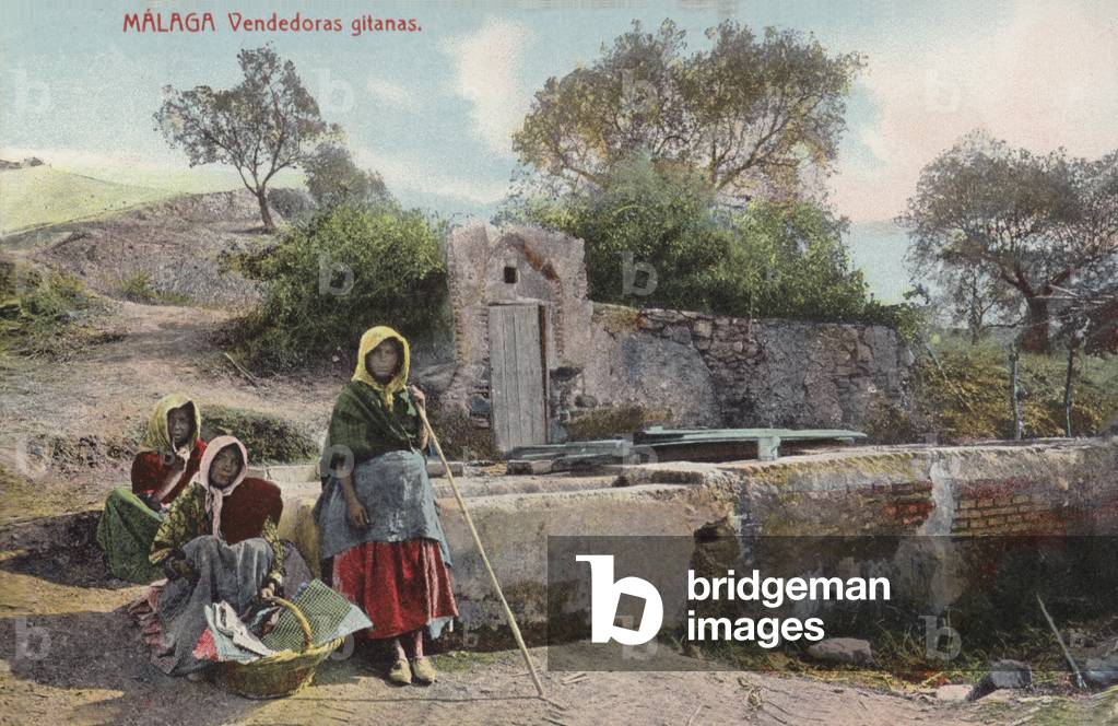 Gypsy street sellers, Malaga, Spain (coloured photo)