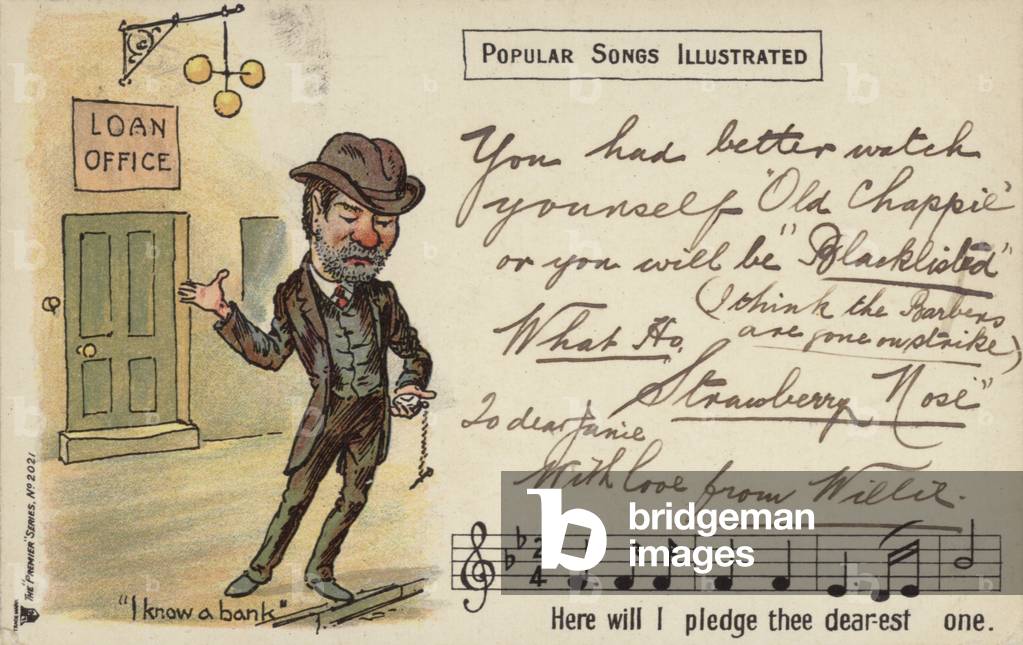 Alcoholic outside a pawnbroker's (colour litho)
