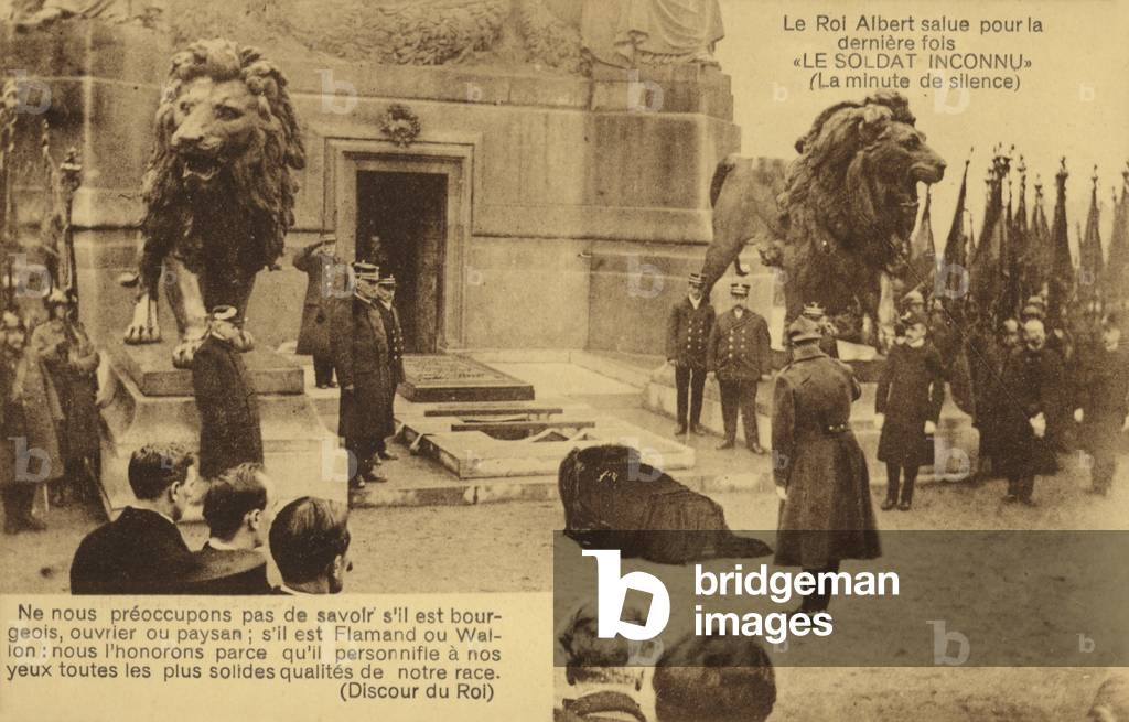 Albert I, King of the Belgians, saluting the coffin of the Unknown Soldier prior to its interment before the Column of Congress, Brussels, 1922 (b/w photo)