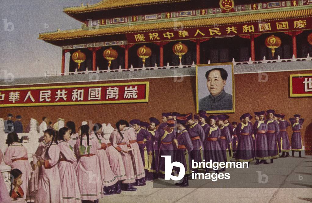 Chinese youths in folk costumes in front of the Tiananmen gate (Gate of Heavenly peace), Beijing, People's Republic of China, 1952 (colour litho)