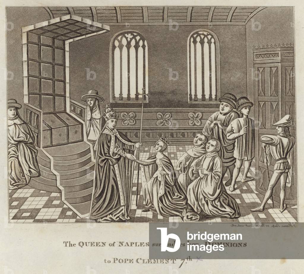 The Queen of Naples surrenders her Dominions to Pope Clement 7th (engraving)