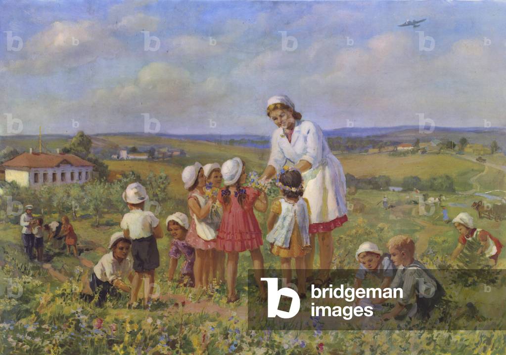 Childhood now: children gardening in the Soviet Union (colour litho)