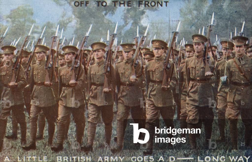 British Army soldiers off to the front, First World War (colour photo)