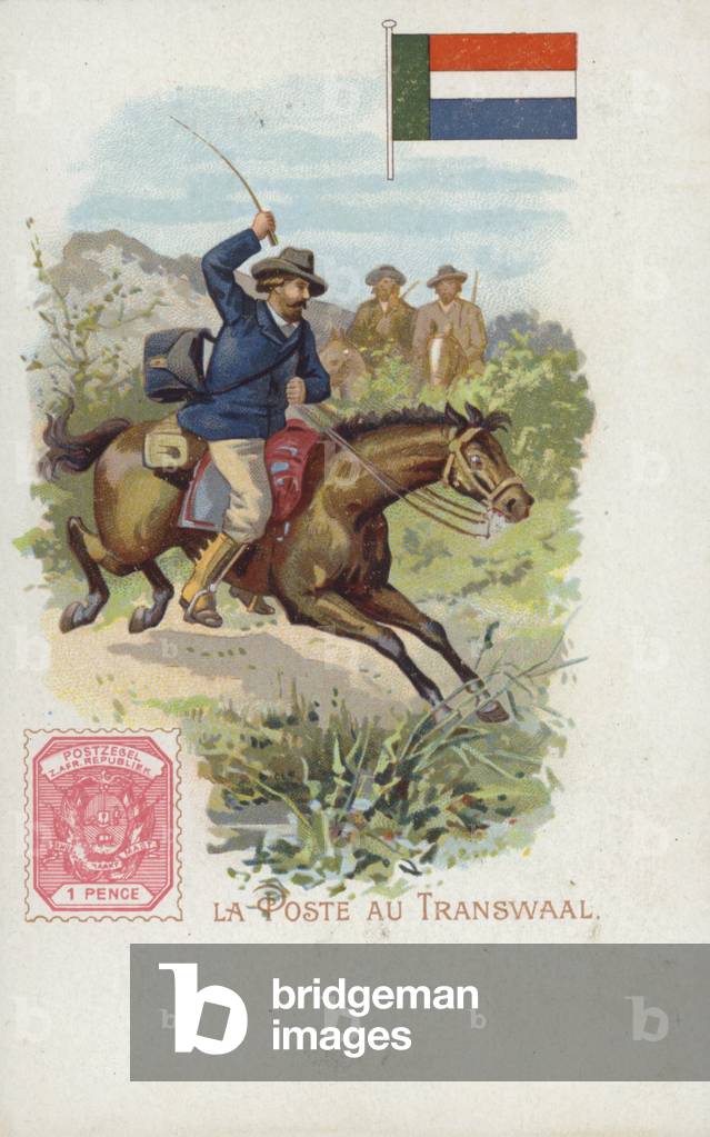 Postcard depicting a postman on horseback in the Transvaal (chromolitho)