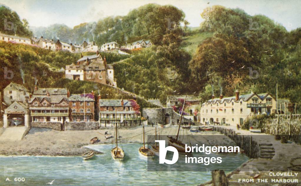 Clovelly harbour, Devon (colour litho)