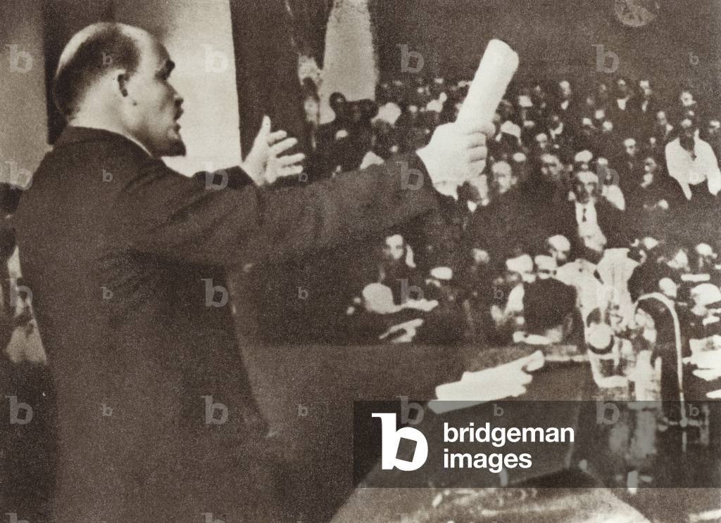 Lenin speaks at the Second Congress of the Communist International, Petrograd, 19 July 1920 (b/w photo)