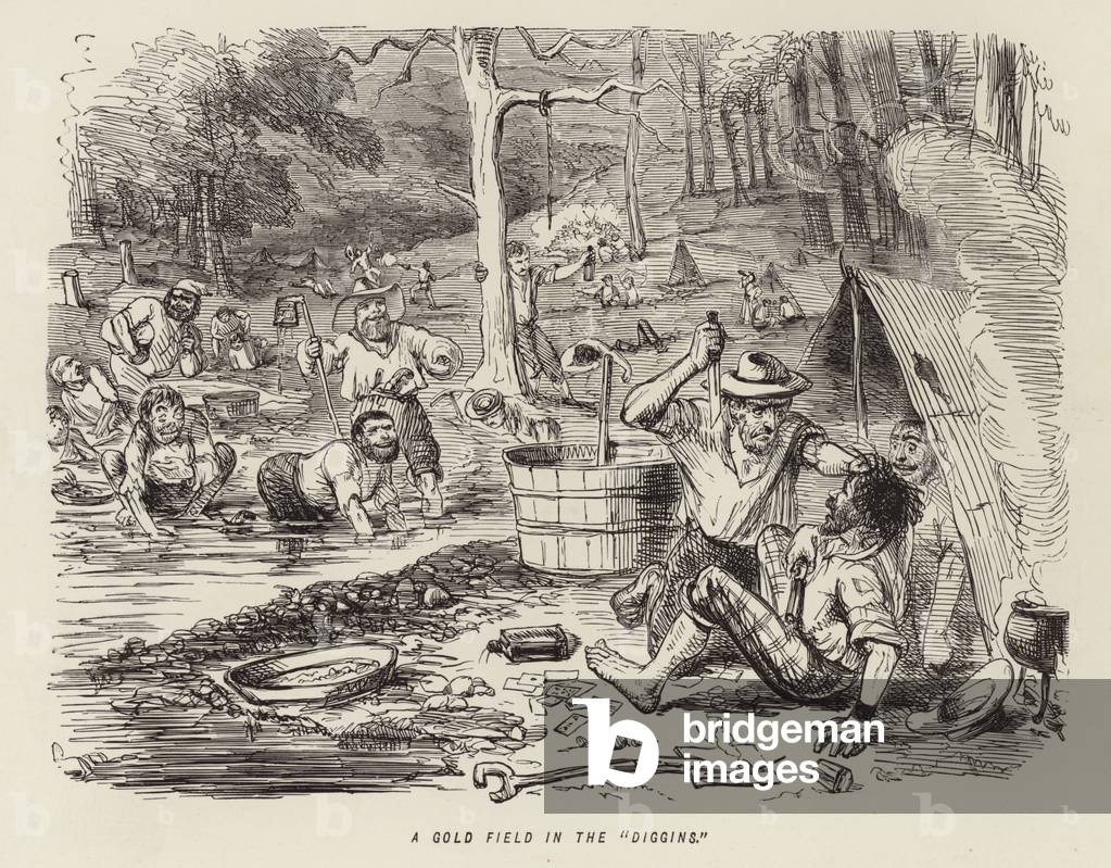 A gold field in the 'Diggins' (engraving)